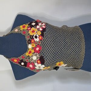 Guess Jeans Crochet Halter Top Olive Green with Flowers NWT